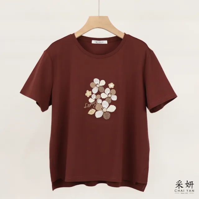 【CHAI YAN 采妍】文青花朵刺繡短袖上衣(春夏女裝/中大尺碼/專櫃/寬鬆/透氣)