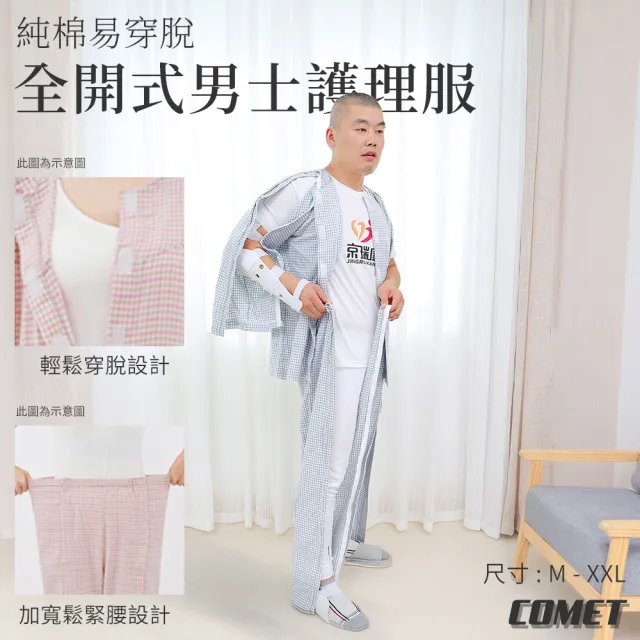 【COMET】四季款純棉易穿脫全開式男士護理服(臥床癱瘓老人服 術後骨折服 一片式護理服 患者病人服/JRK-801)