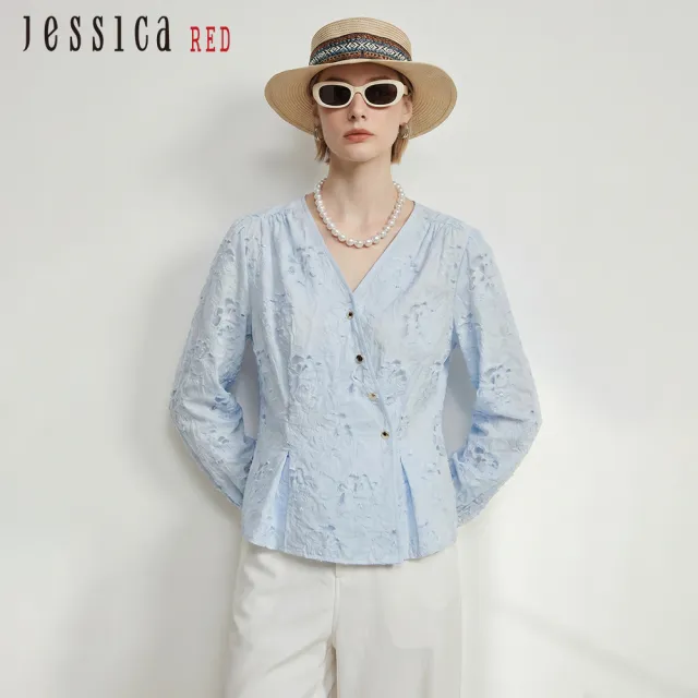 【Jessica Red】氣質V領顯瘦長袖襯衫R62305（藍）