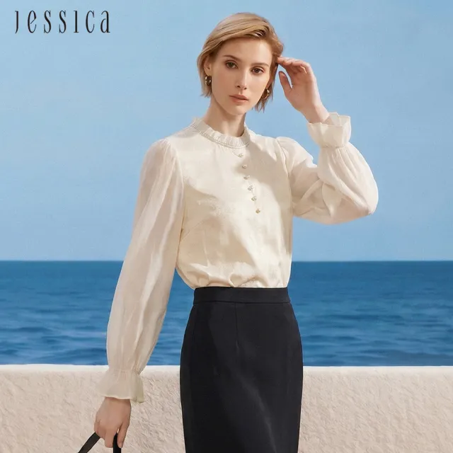 【JESSICA】氣質木耳邊領透膚長袖襯衫J62303