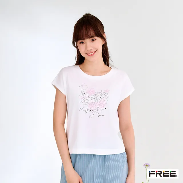 【FREE】純棉圓領線稿花卉落肩上衣