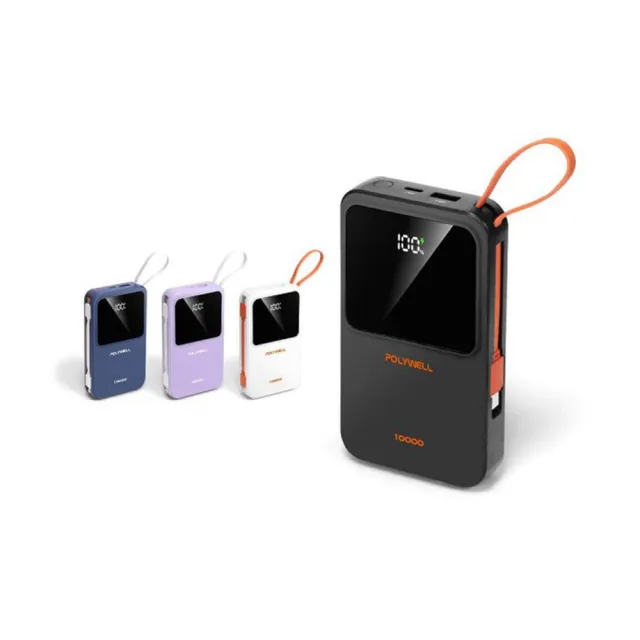 POLYWELL  DDS016-01A自帶線行動電源 10000毫安 Type-C/蘋果線 USB/Type-C孔