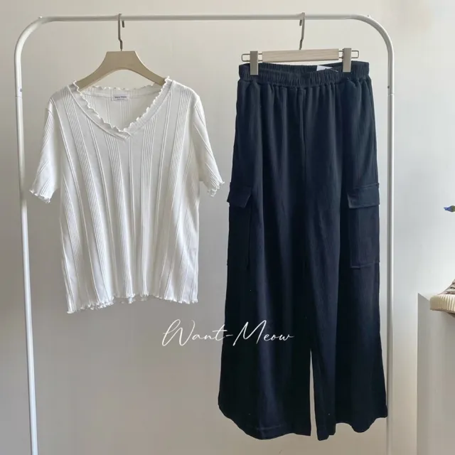【Want-Meow】90公斤可穿/獨家訂做顯瘦很挺鬆餅格工裝寬褲工裝褲(大碼/大尺碼/加大碼/寬褲)