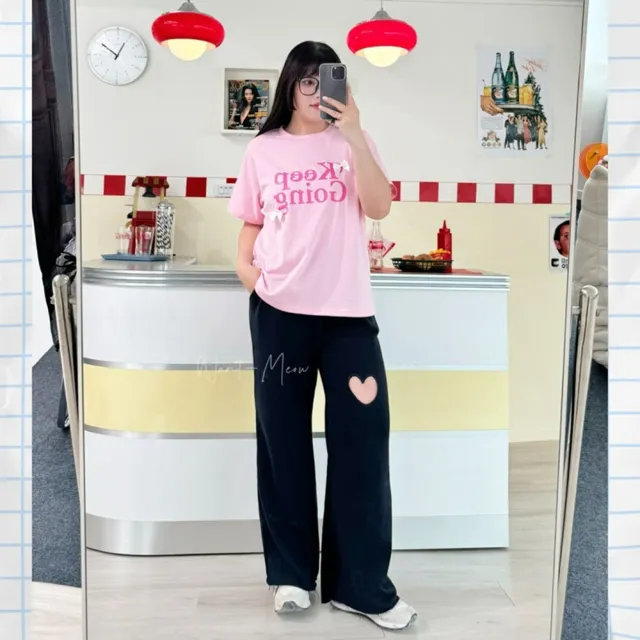 【Want-Meow】80公斤可穿/韓系愛心寬褲棉褲鬆緊褲頭抽繩長褲(大碼/大尺碼/加大碼/寬褲)