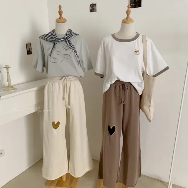 【Want-Meow】80公斤可穿/韓系愛心寬褲棉褲鬆緊褲頭抽繩長褲(大碼/大尺碼/加大碼/寬褲)