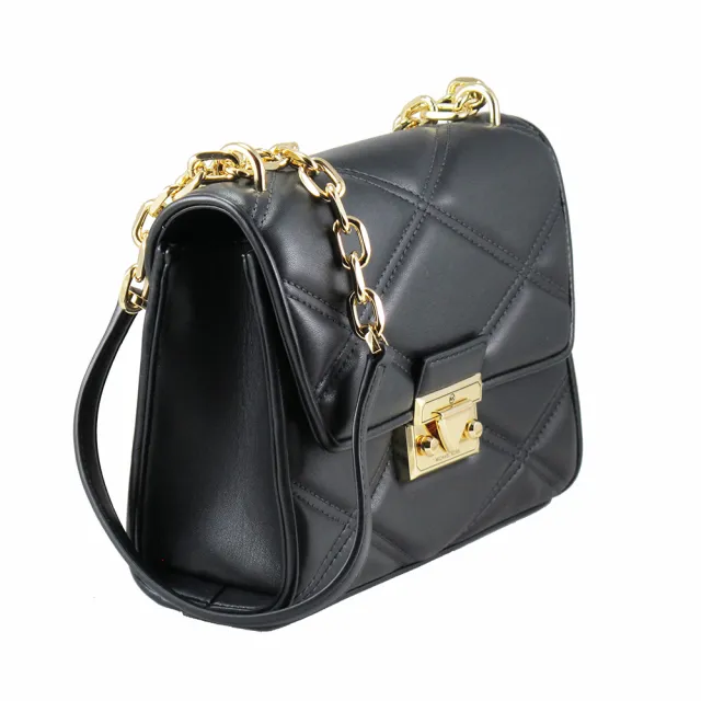 【Michael Kors】高雅菱格紋金屬鍊帶上掀斜背包(金黑)