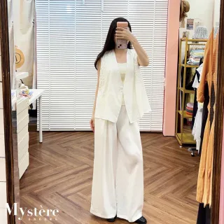 【my stere 我的時尚秘境】繡花V領背心寬褲 兩件式套裝 白色 背心套裝 棉麻套裝 氣質套裝