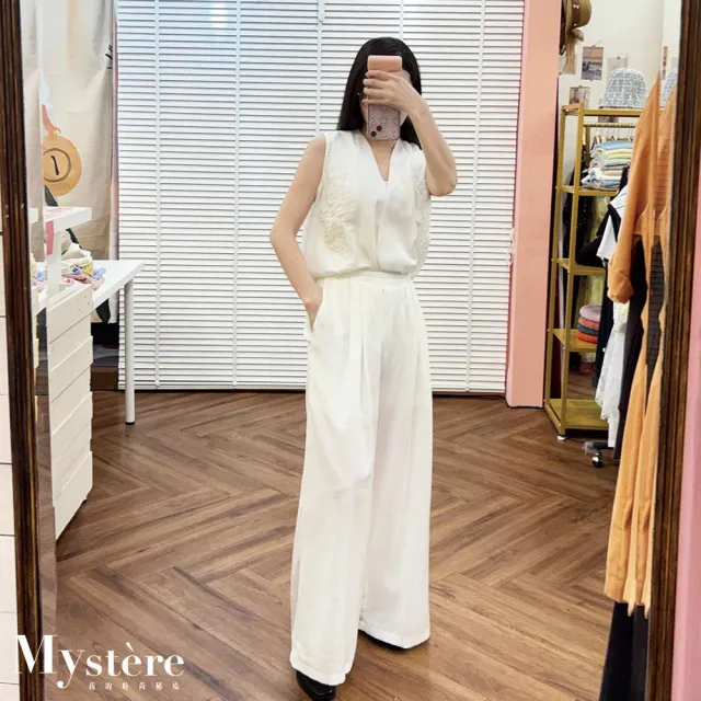 【my stere 我的時尚秘境】雙11 繡花V領背心寬褲 兩件式套裝 白色 背心套裝 棉麻套裝 氣質套裝