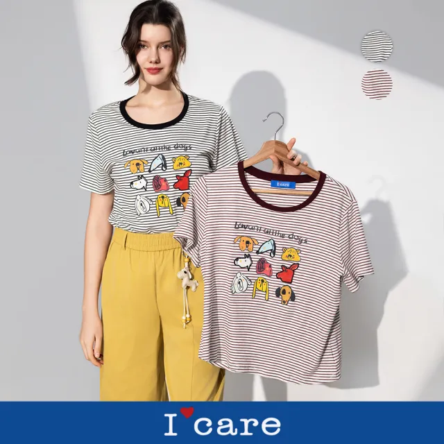 【I’Care 依卡】現貨-可愛卡通頭橫紋美式休閒T恤 - 2色(F)|卡通T恤 美式穿搭 休閒穿搭