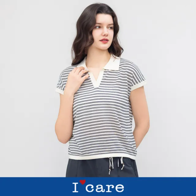 【I’Care 依卡】現貨-撞色條紋小翻領 POLO 衫 - 2色（F）｜Polo衫 條紋上衣 休閒穿搭