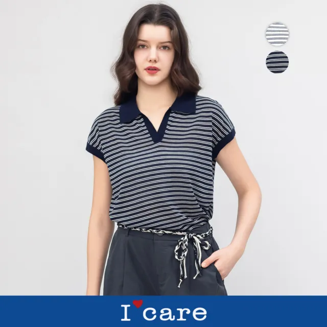 【I’Care 依卡】現貨-撞色條紋小翻領 POLO 衫 - 2色(F)|Polo衫 條紋上衣 休閒穿搭