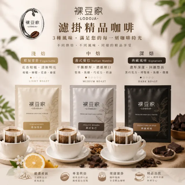 【LODOJA 裸豆家】濾掛精品咖啡3種風味30包(10g-12g/包 淺中深烘培 莊園等級 耳掛禮盒 新鮮烘培)