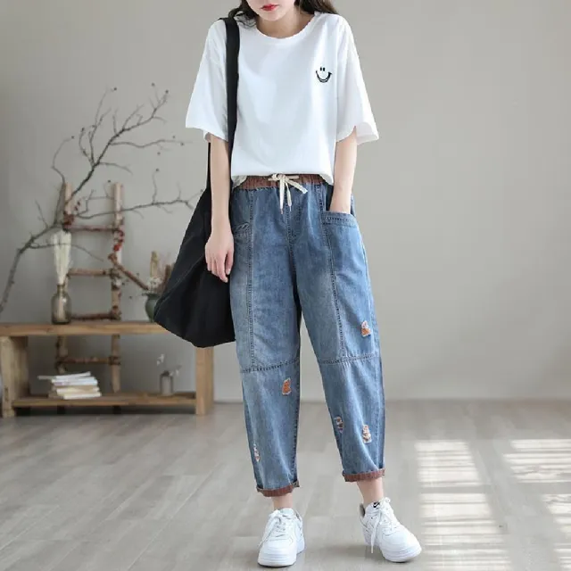 【LANNI 藍尼】現貨 鬆緊九分牛仔哈倫褲(女裝/褲子/長褲/短褲/九分褲/單寧/錐形)