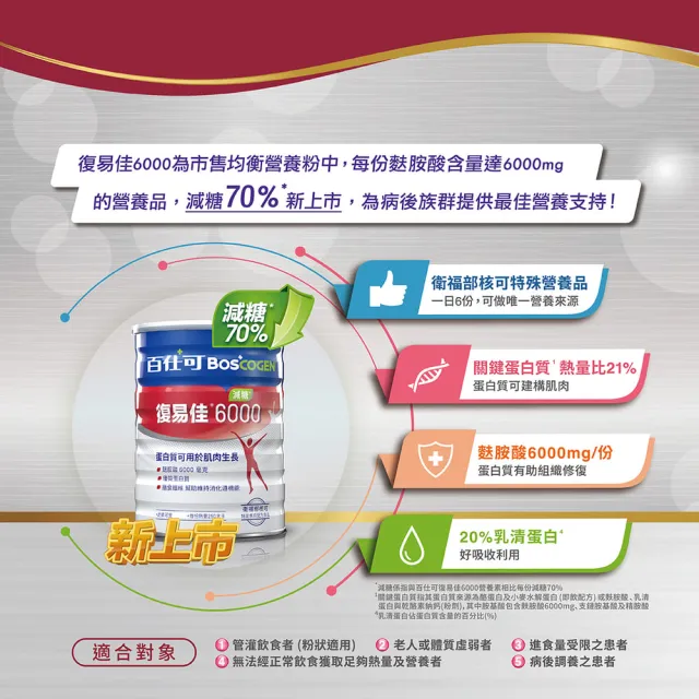【Boscogen 百仕可】復易佳 6000 營養素_減糖 粉劑 868克/罐(病後補養首選  蛋白質有助組織修復)