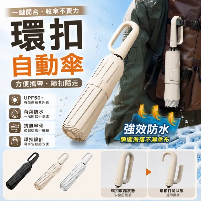 PDD 環扣自動傘 雨傘 陽傘 黑膠防曬 一鍵開收 UPF50+ 掛鉤摺疊傘 晴雨兩用 防潑水抗風 輕巧便攜