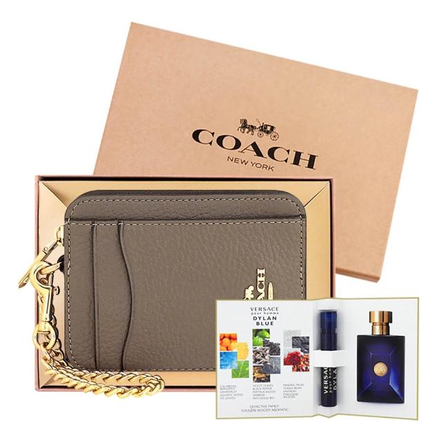【COACH】荔枝紋皮革金屬鏈帶證件卡夾/零錢包+品牌經典隨身小香(拿鐵色)
