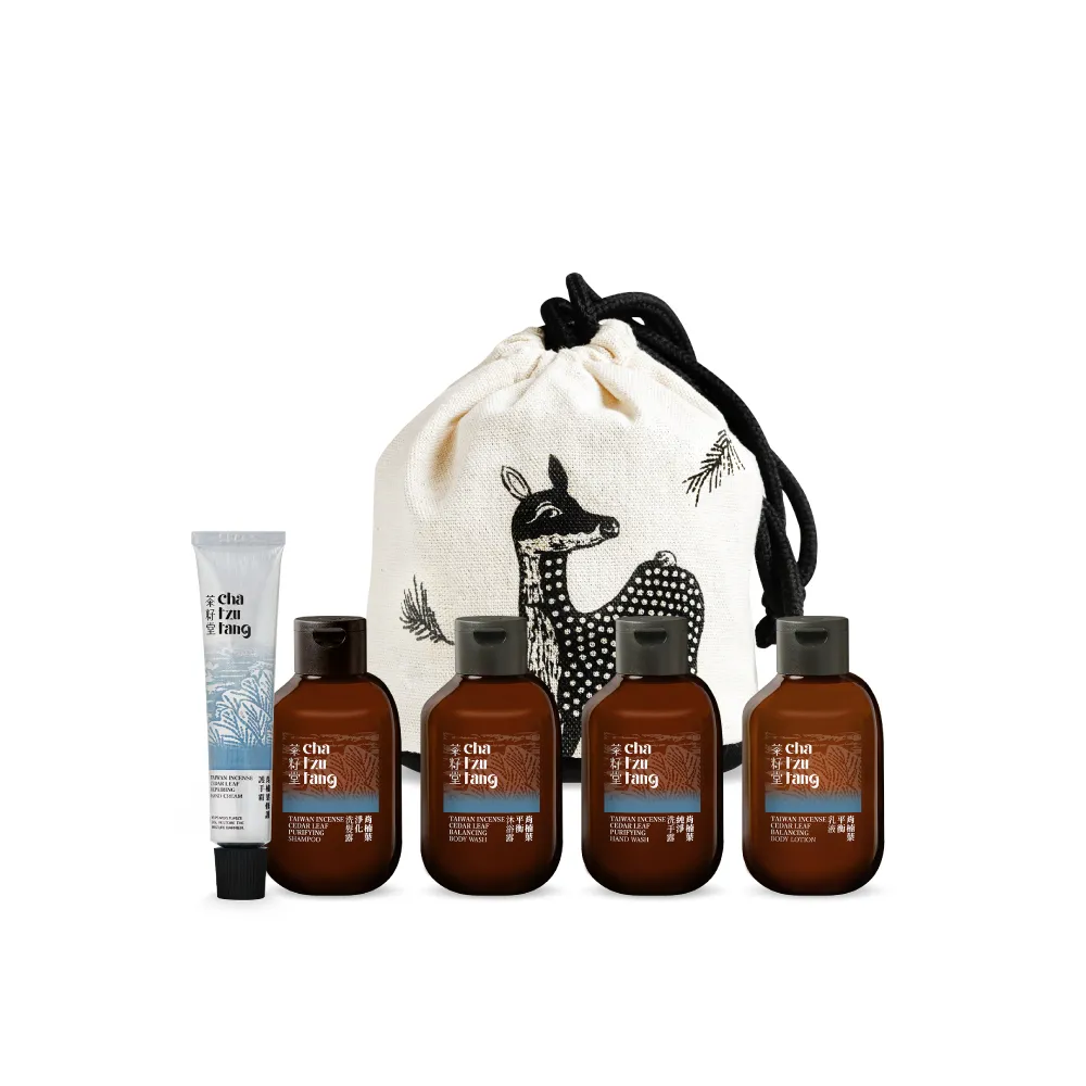 【茶籽堂】小鹿袋洗沐旅行組｜肖楠葉控油全系列50mLx4+10mL(洗髮/沐浴/乳液/洗手露/護手霜/交換禮物)