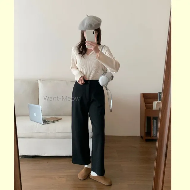 【Want-Meow】75公斤可穿/百搭顯瘦鬆緊褲頭哈倫褲錐形褲彈性挺料寬褲長褲(大碼/大尺碼/加大碼/寬褲)