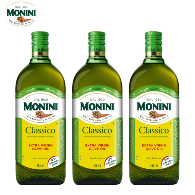 【Monini】莫尼尼特級冷壓初榨橄欖油500mx3瓶l(可生飲/出廠酸價0.3%/義大利市佔第一名)
