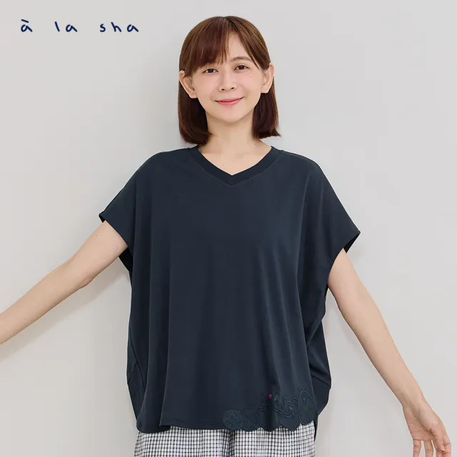 【a la sha】V領繡花下襬上衣