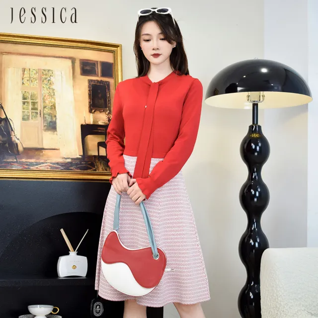 【JESSICA】氣質優雅圓領綁帶拼接格紋長袖洋裝G42706