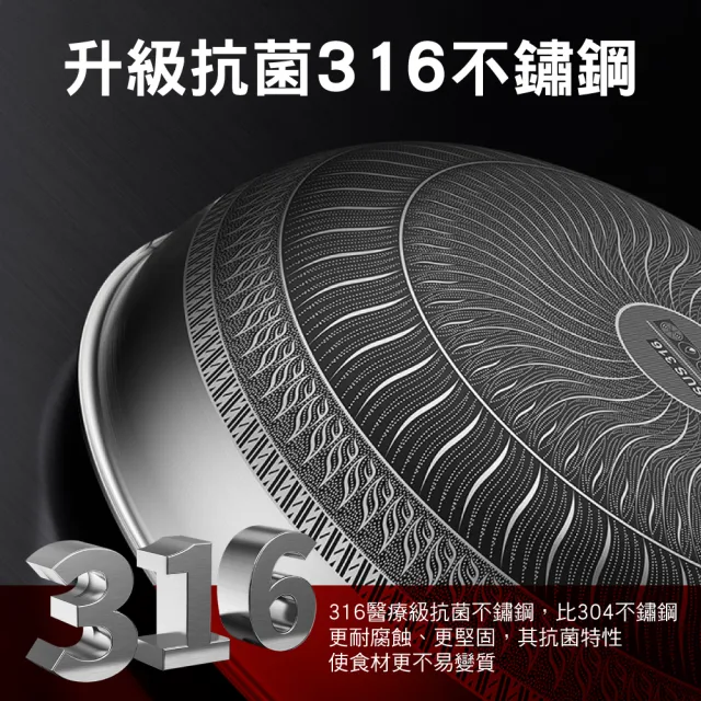 【鼎匠】升級鈦黑立體雙面蜂巢★七層複合金316抗菌不鏽鋼不沾炒鍋34cm(可立玻璃蓋/不挑爐具)