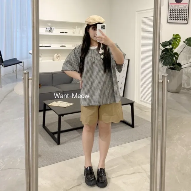 【Want-Meow】90公斤可穿/日系涼爽挺版下擺花邊造型短褲(大碼/大尺碼/加大碼/寬褲)