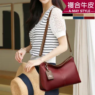 【Amay Style 艾美時尚】女包 真皮包 斜背包 優雅簡約吊牌牛皮紋大容量手提肩背托特包(6色.預購)
