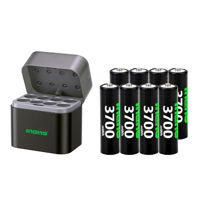 【iNeno】3號/AA 恆壓可充式3700mWh8入+3號8槽鎳氫/鋰電 混充型AI隨身收納盒充電器