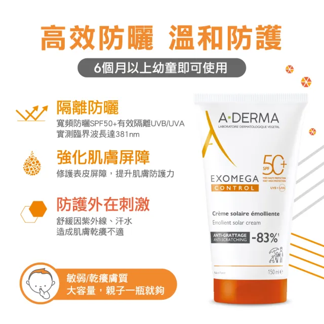 【A-DERMA 艾芙美】燕麥全護益膚防曬霜SPF50 150ml(6個月以上幼童至成人 敏弱乾癢膚質適用)
