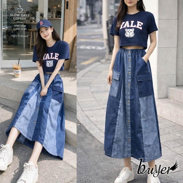 【buyer 白鵝】涼感 鬆緊褲腰口袋立體口袋寬裙牛仔裙 藍
