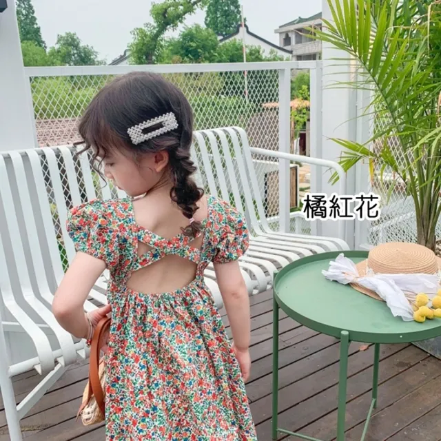 【橘魔法】女孩露背碎花公主袖小洋裝 女童 童裝 兒童 連衣裙 連身裙 短袖洋裝