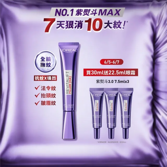 【L’OREAL Paris 巴黎萊雅】全新升級! 玻尿酸眼霜級撫紋精華霜30ml(紫熨斗MAX3.0版)