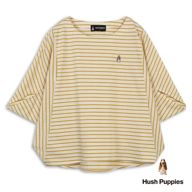 【Hush Puppies】女裝 上衣 拼接條紋造型袖口寬版上衣 (淺卡其 / 63210205)