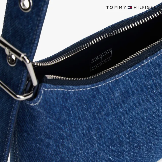 【TOMMY HILFIGER】官方旗艦館標誌飾牌牛仔布單肩包_藍色