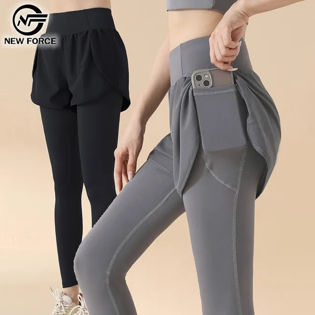 【NEW FORCE】柔塑高腰顯瘦假兩件瑜珈褲-4色可選(瑜珈褲/女運動褲/機能褲/慢跑褲/涼感褲/假兩件)