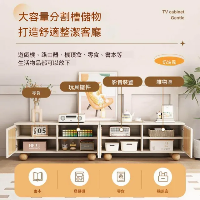 HANACO 奶油風落地電視櫃 160*34*43cm 現代簡約小戶型櫃子 家用大容量收納電視置物櫃