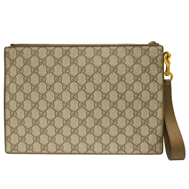 【GUCCI 古馳】473915 經典GG supreme帆布徽標圖騰掛腕手拿包(棕色)
