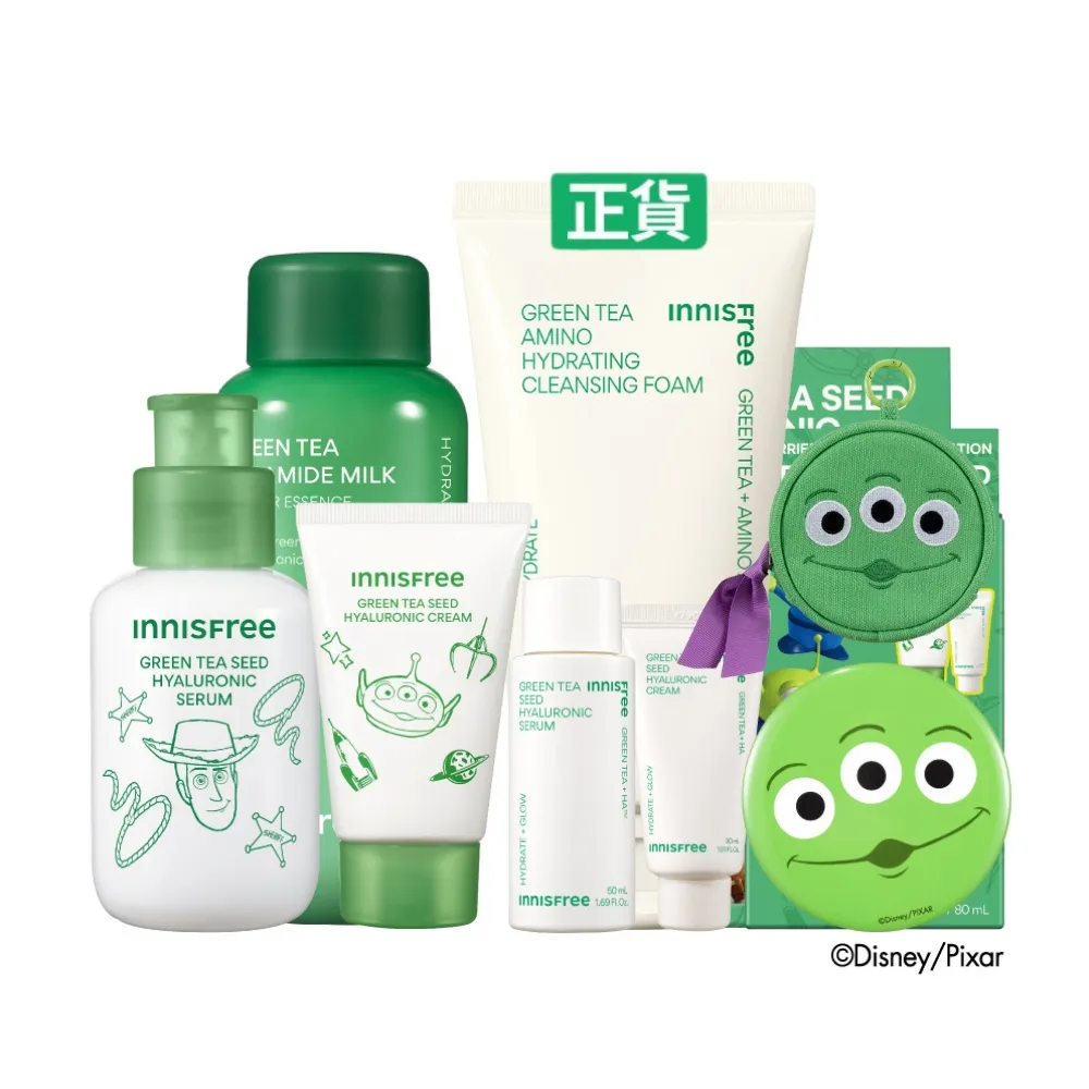 【innisfree】綠茶玻尿酸保濕全能組(玩具總動員限定版/牛奶水+精華+保濕霜/神經醯胺)
