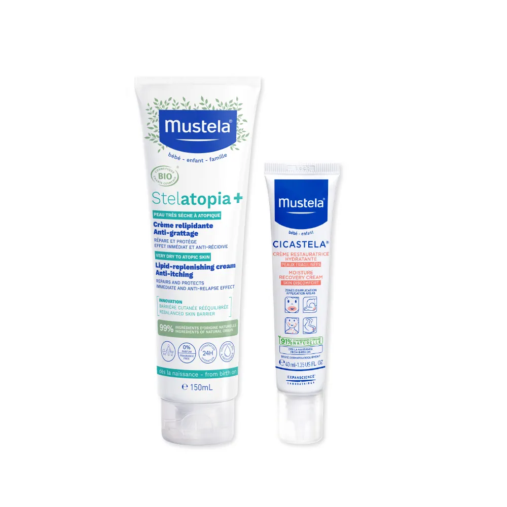 【Mustela 慕之恬廊】舒恬良 乾癢肌滋潤修復組(滋養益膚柔舒霜有機150ml＋修護霜40ml 乳液 萬用霜Vit.B5)