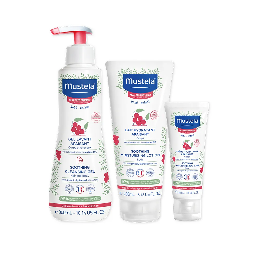 【Mustela 慕之恬廊】舒恬良 敏弱膚質全護組(雙潔凝露300ml＋潤身乳200ml＋面霜40ml 敏弱寶寶沐浴乳液)