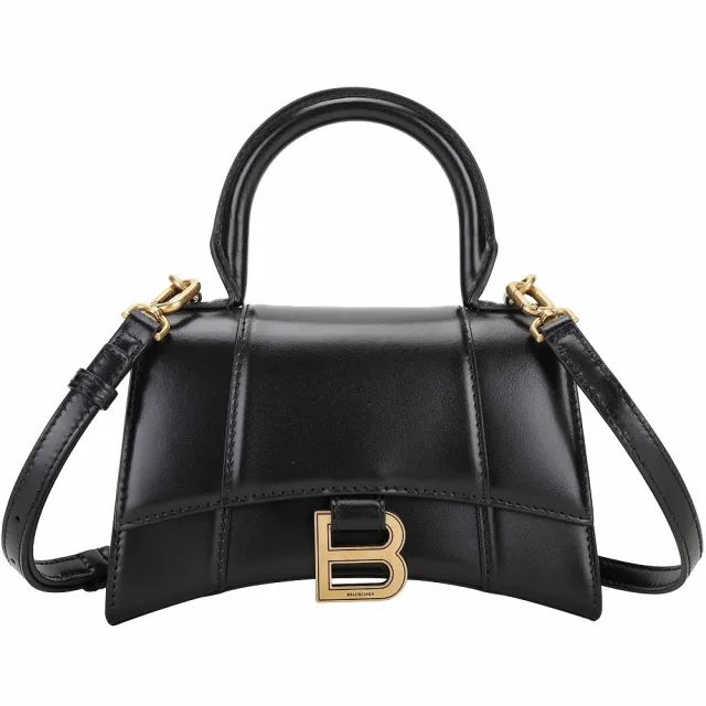 【Balenciaga 巴黎世家】展示品 Hourglass XS黑色B字標誌牛皮手提斜背沙漏包-內蓋內底刮痕