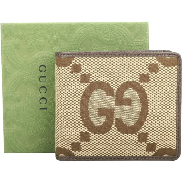 【GUCCI 古馳】Jumbo GG 老花帆布8卡對折短夾-咖啡色