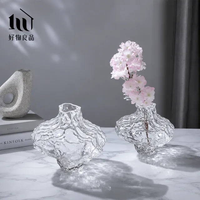 【好物良品】矮款_日系侘寂風水波紋藝術裝飾花瓶｜不規則岩石玻璃花瓶 客廳花瓶 玻璃花器 花藝術