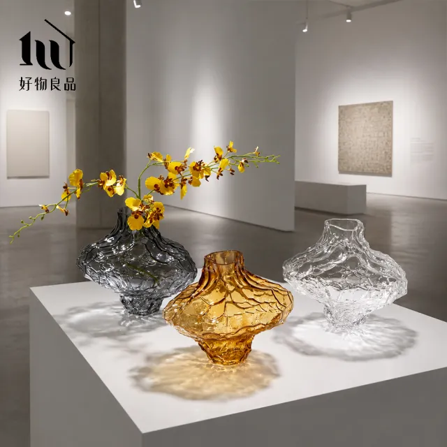 【好物良品】矮款_日系侘寂風水波紋藝術裝飾花瓶｜不規則岩石玻璃花瓶 客廳花瓶 玻璃花器 花藝術