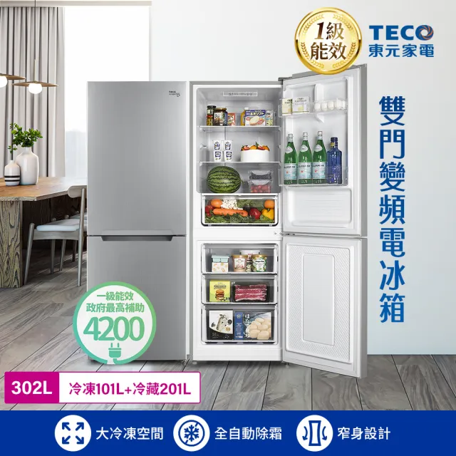 【TECO 東元】302公升一級能效變頻下冷凍雙門冰箱(R3024TXS)
