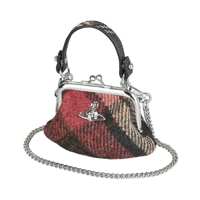【Vivienne Westwood】Vivienne Westwood鍍銀星球LOGO格紋羊毛珠扣式鍊帶斜背/手提口金包(迷你/多色)