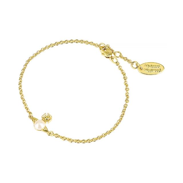 【Vivienne Westwood】Vivienne Westwood Balbina刻字LOGO鍍金黃銅珍珠鉤扣式手鍊(金x奶油珍珠)