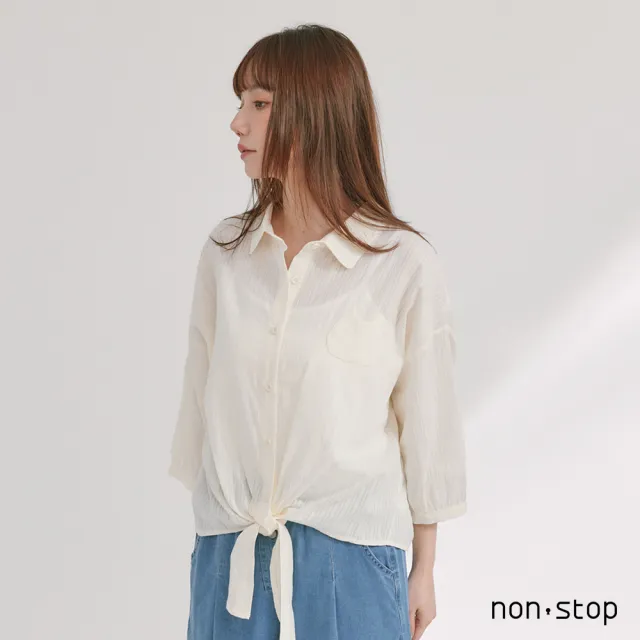 【non-stop】透膚直紋綁帶短版襯衫-2色