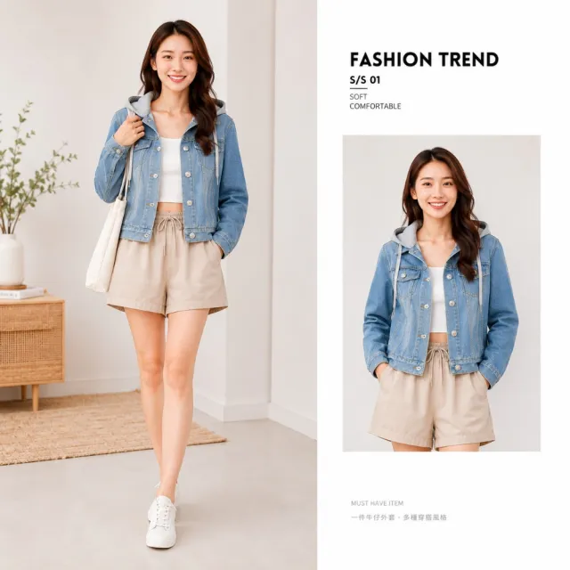 【Amore】經典牛仔風格拼接連帽牛仔夾克外套M-2XL(牛仔夾克外套日常通勤都適合)